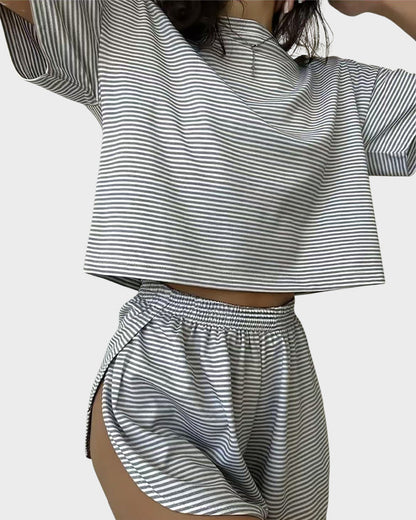 Women Striped Crop Pajama Loungewear Set